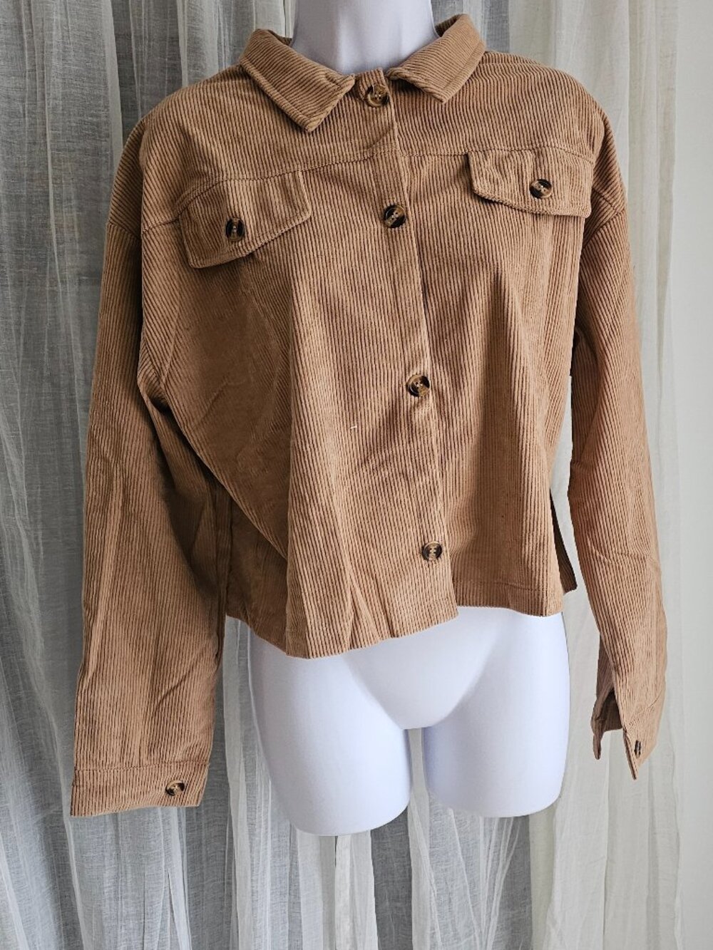 Women's Long Sleeve Crop Button Down Corduroy Shirt Camel Size XL NEW